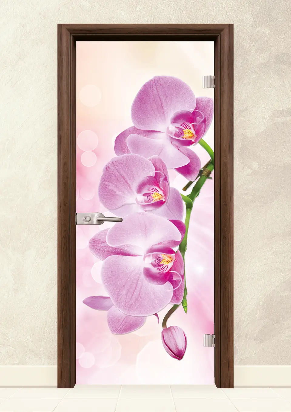 Стъклена интериорна врата серия Print G 13-3, розова орхидея, Орех